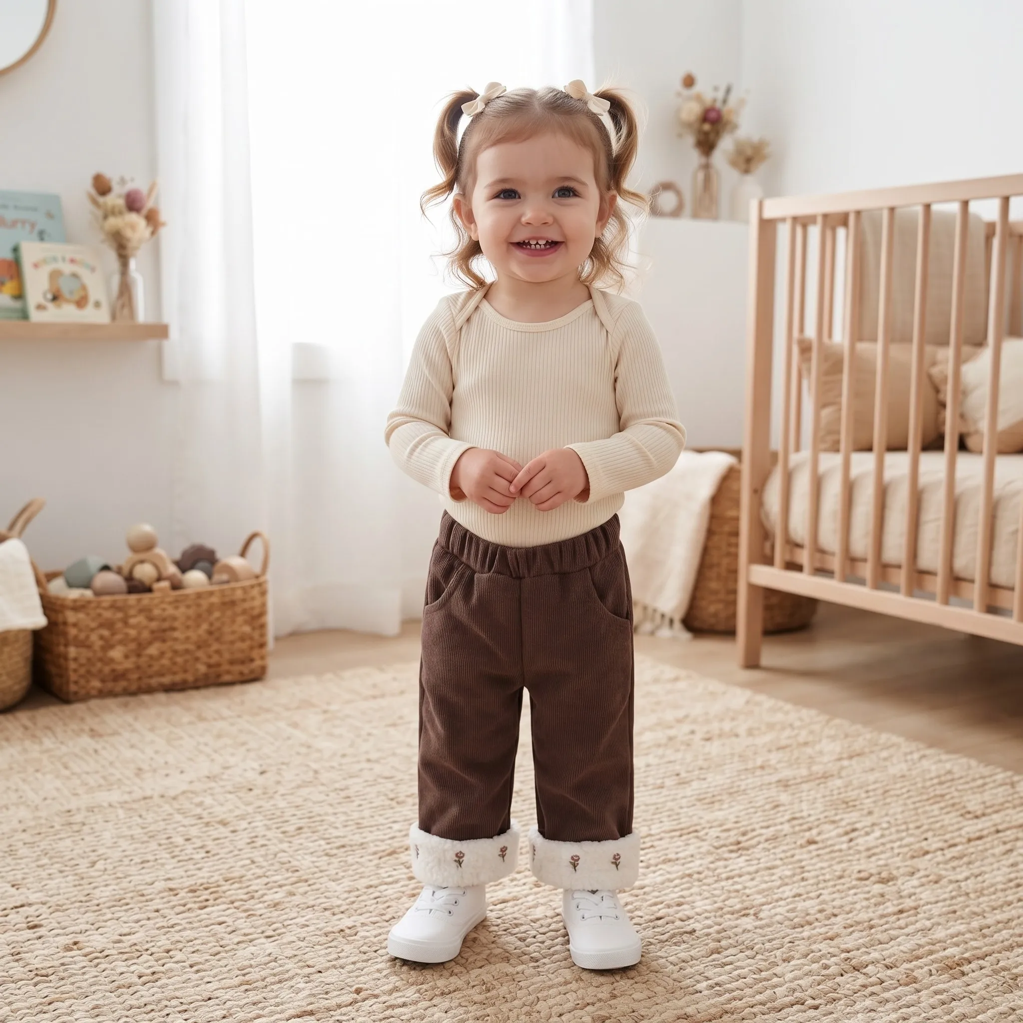 Baby Girls Corduroy Fleece Lined Pants, Infant Elastic Waist Pockets Sherpa Cuff Floral Embroidery Straight Trousers