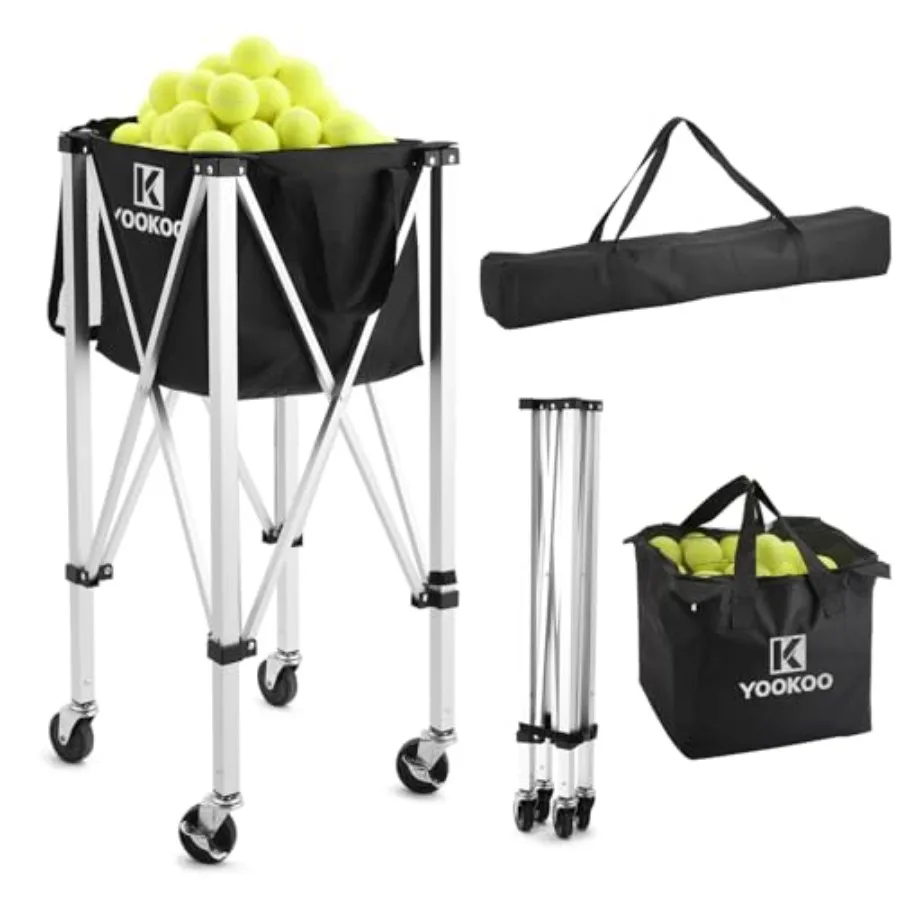 

Tennis Ball Hopper for 150 Balls Tennis Ball Basket for Serve Training Foldable Tennis Ball Cart with Storage Bag Portable Pick