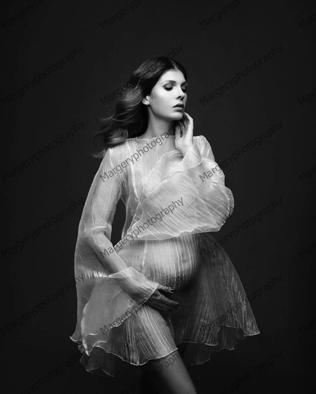 فستان حمل فريد من نوعه شفاف مكشكش للنساء بقماش شفاف فساتين قصيرة للتصوير الفوتوغرافي أنيقة بأكمام مضيئة من التول فستان الحمل