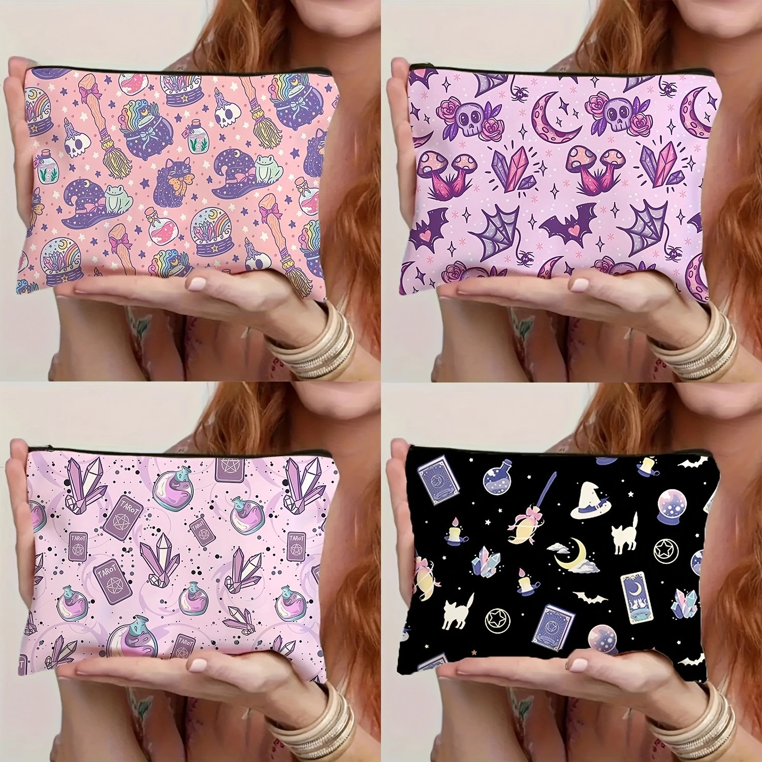 Halloween Pink Cute Magic Skull 1pc Makeup Bag Print Storage Bag Large Capacity Cosmetic Bag Zipper Pouch, Retro Pencil Case