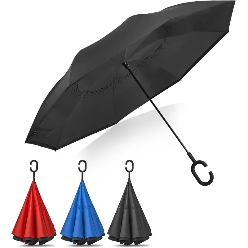 Universal Umbrella C-shaped Handle Windproof Double-layer Long-handled Inverted Folding  Car Reverse Umbrella