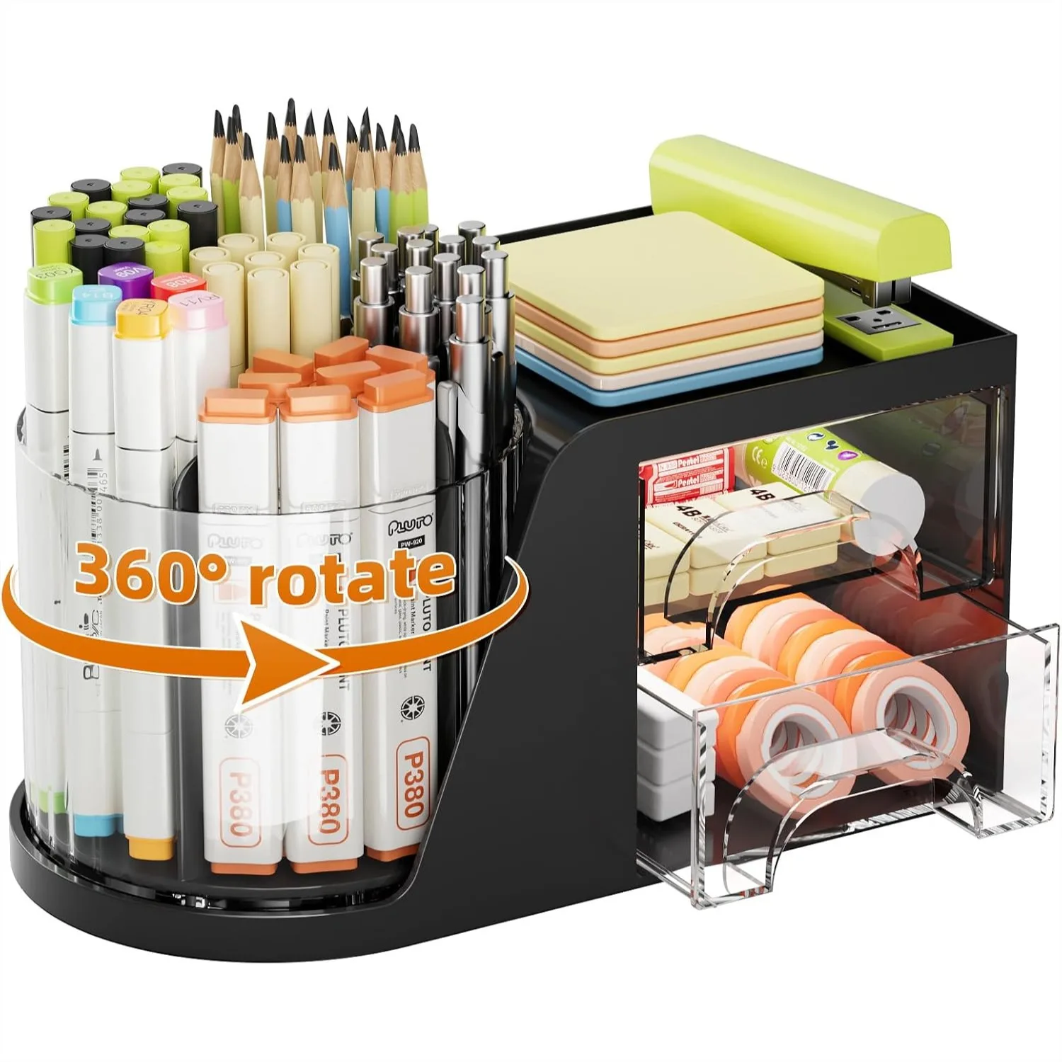 Marbrasse Desk Organizer with 2 Drawer, 360° Rotating Pen Holder, 6 Slots Pencil Holder + 2 Drawer Art Supply Storage Box Caddy