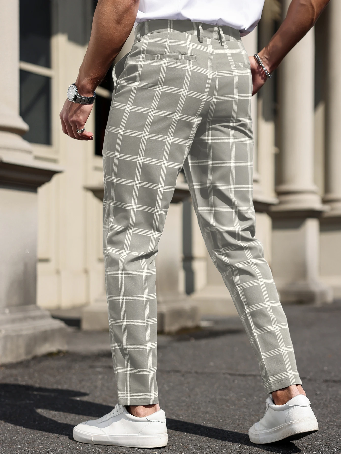grey cropped dress pants Men's Plaid Tapered 100% Polyester Digital Print Slim Fit Business Casual Black Navy Checkered Trousers groomsmen-buy-offer
