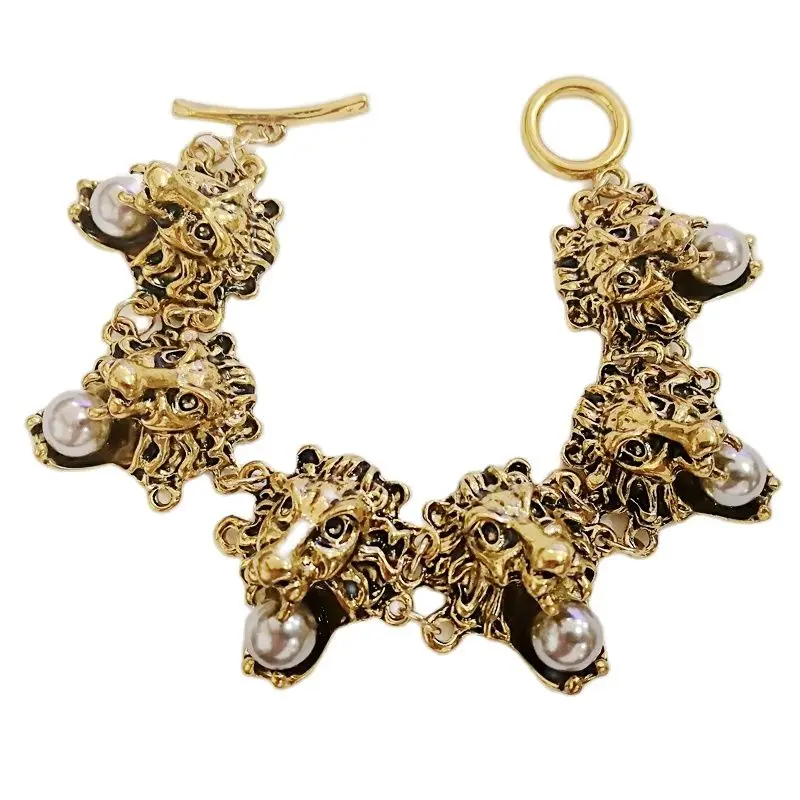 Vintage lwa perła deklaracja Charm bransoletka bransoletka bransoletka dla kobiet