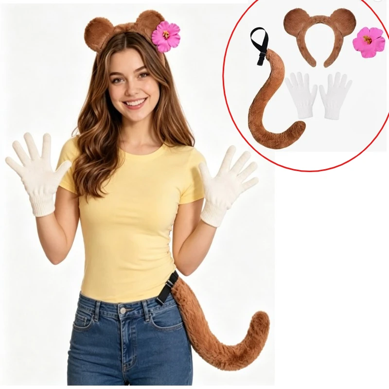 Adult Squirrel Costume Accessories Set 5Pcs, Brown Plush Headband Tail Gloves Hairpin,Cosplay Halloween Christmas Party Dress Up