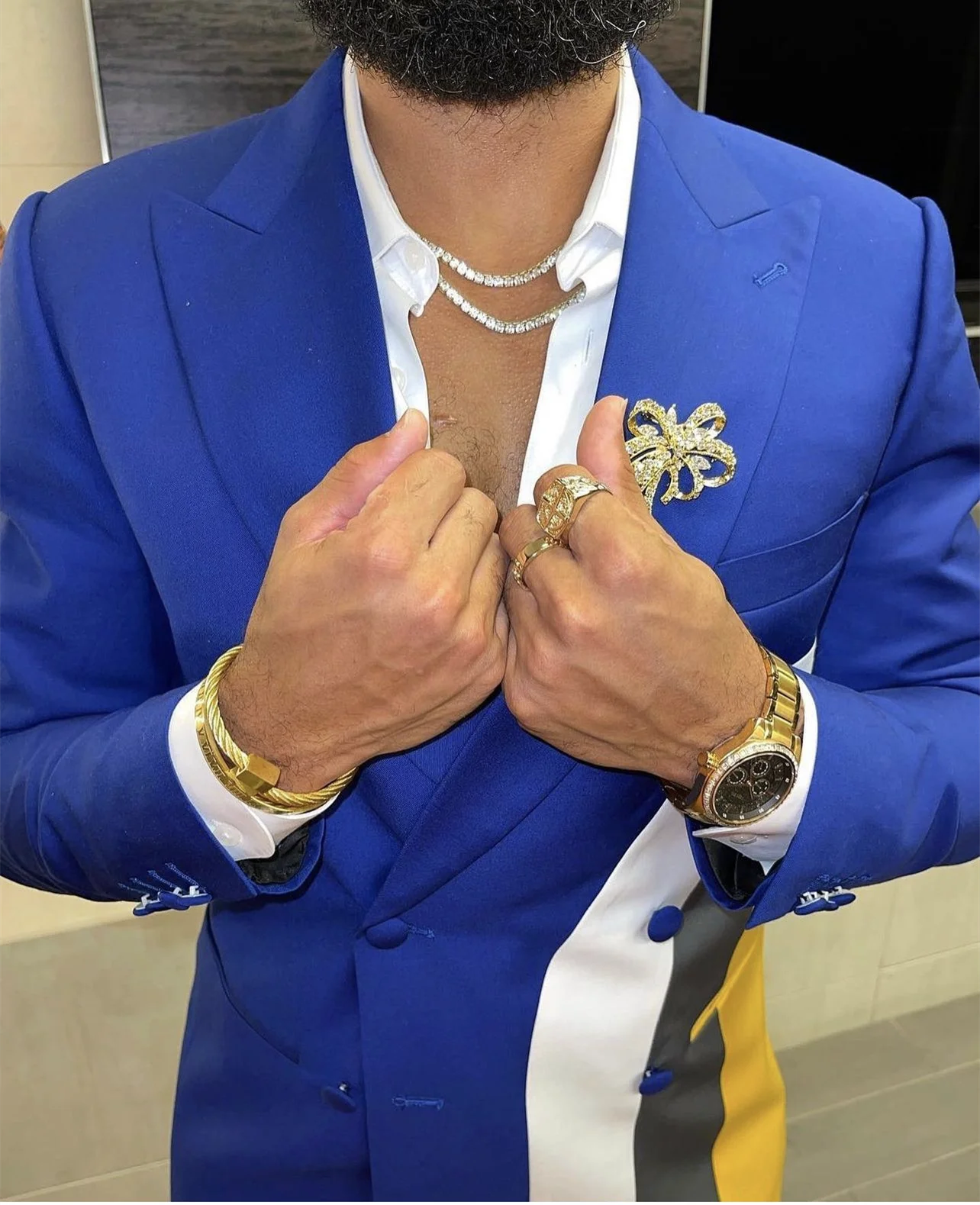 Men Suits Slim Fit Casual Wear Patchwork Blazer Trousers Blue Costume Homme Wedding Groom Prom Clothes 2Pcs Male Blazer Sets