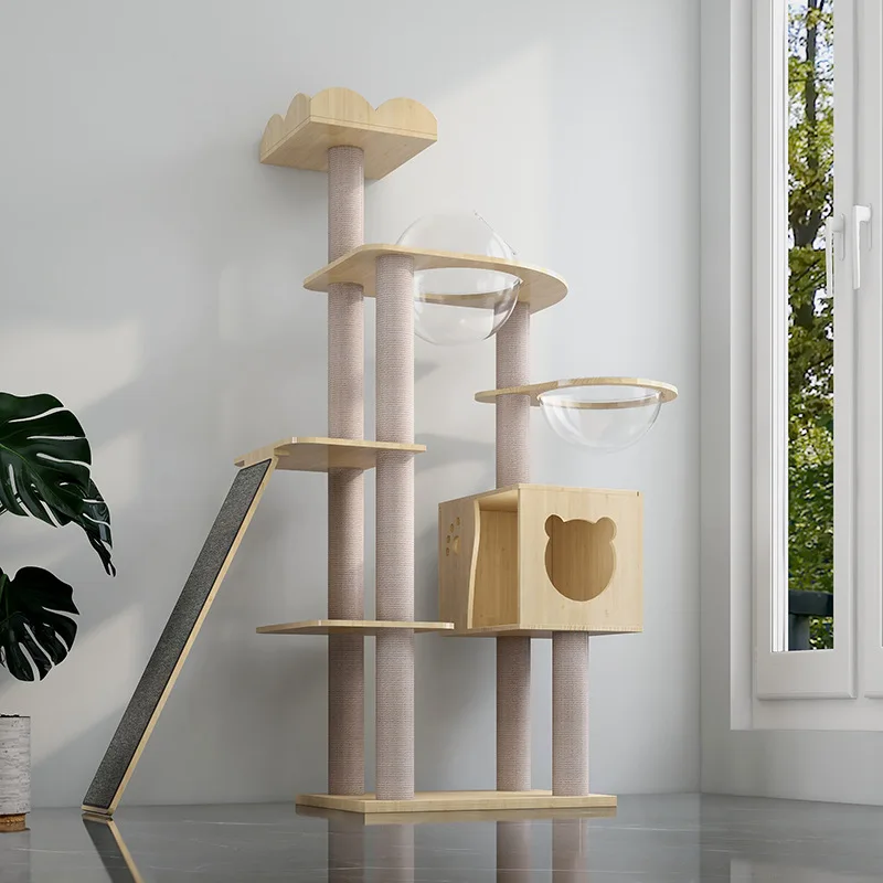 Solid Wood Cat Tree Large Cat Climbing Frame Space Capsule Cat Nest Integrated Cat House with Cat Jumping Platform Multi Cat Toy