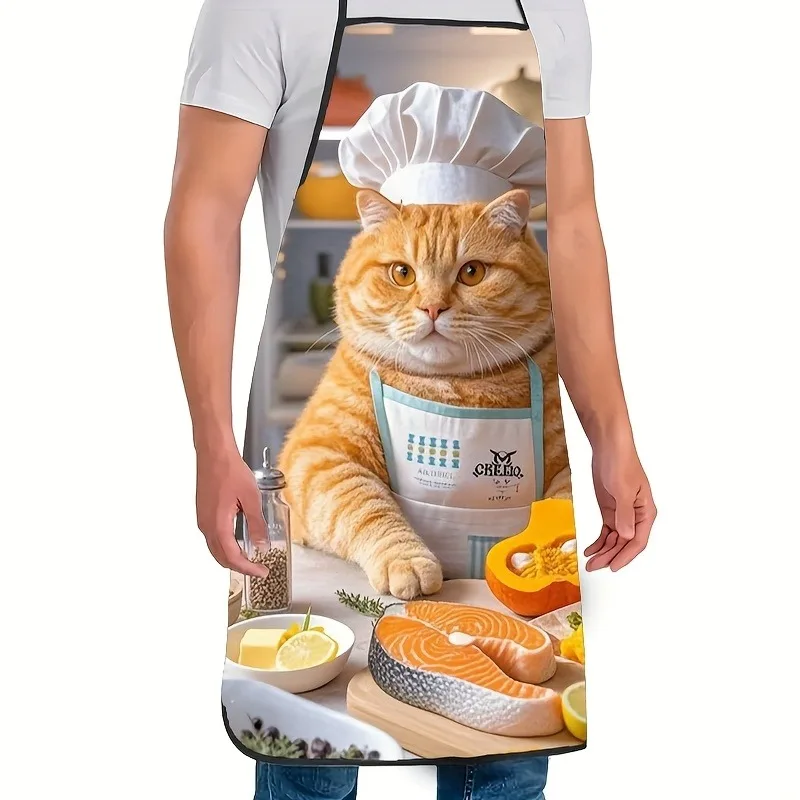 Funny Chef Cat Kitchen Apron - 3D Cartoon Cat Cooking Pattern Linen Look Chef Bib for Men Women Baking Gift Home Decor