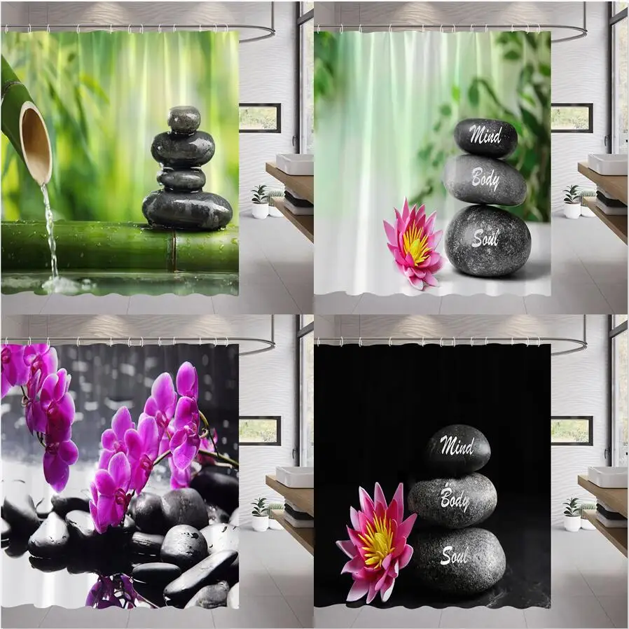 Zen Shower Curtain, Spa Decor Stone Tower Lotus Purple Orchid Flower and Bamboo, Cloth Fabric Bathroom Decor Set with Hook Black