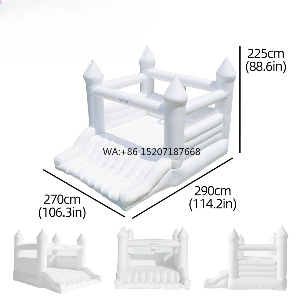 야외 결혼식 및 파티용 대형 에어바운스, 슬라이드 포함 화이트 풍선 놀이터 (290x270x225cm, 3인용)
