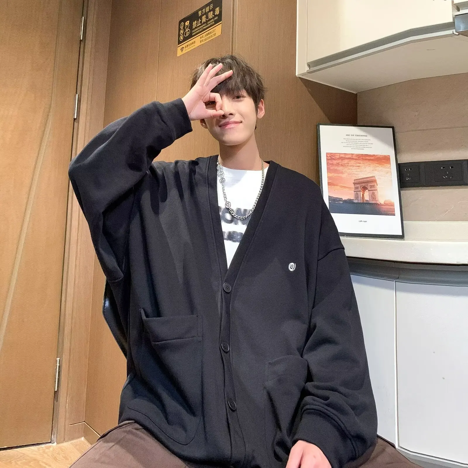 

Loose Fit V-Ne Knitwear Men's Autumn Winter Large Size 250 Pou Japanese Retro Color Lazy Sle Open Cardigan Sweater