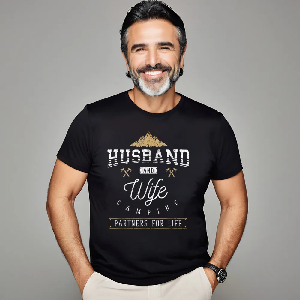 

Slogan Short Sleeve Tops & Tees Christmas O-Neck Pure Cotton Mens T-shirts Husband And Wife Camping Partners Slogan Tees Funny