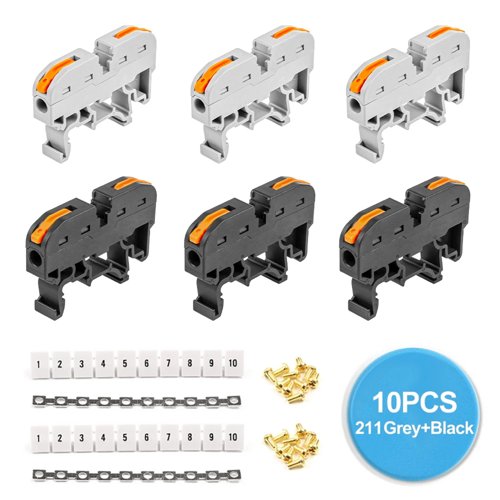 10PCS Din Rail Type Quick Wire Connector Push-in Electrical Cable 211 Compact Splicing Conductor Terminlas With Lever 1 In 1 Out