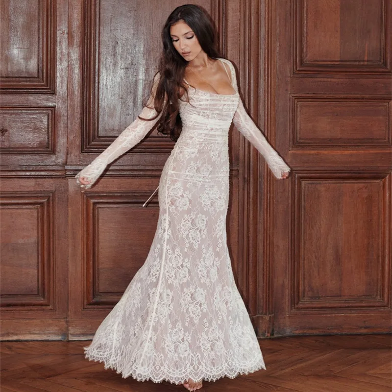 Elegant Lace Embroidery Square CollarSling Sleeveless Back Bandage Long Sleeve Shawl Bodycon Women Party Club Maxi Dress