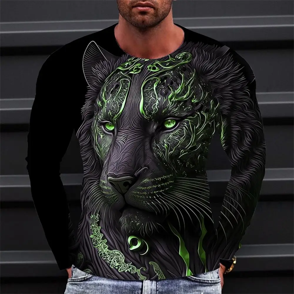 Fashionable 3D Tiger Pattern Printed Men\'s T-shirt Long Sleeved Round Neck Trendy Hot Sale A High Rate Of Second Glance