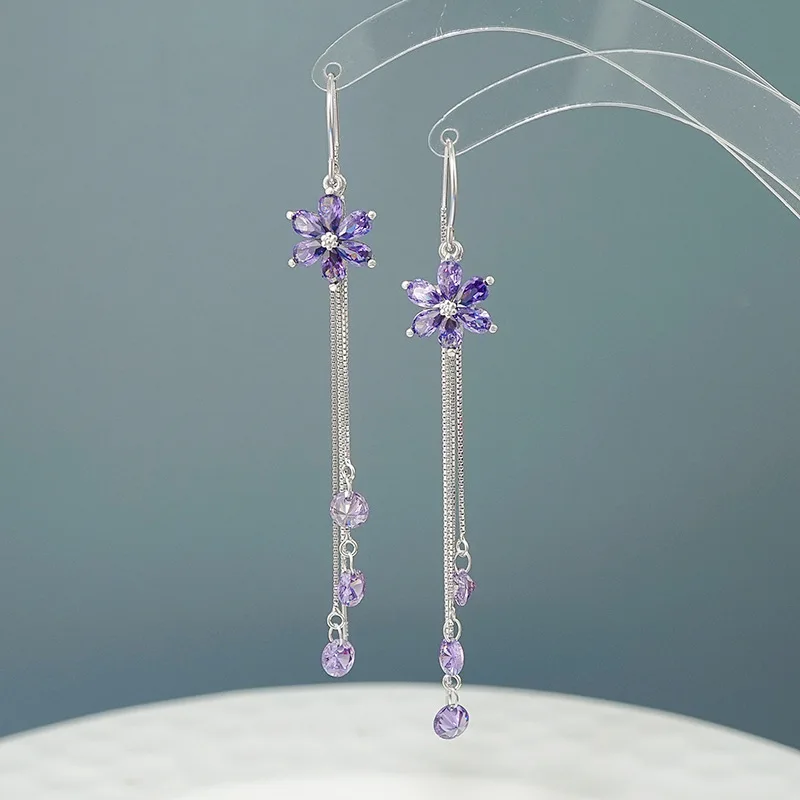 

Luxury S925 Sterling Silver Earrings Long Tassel Earline Purple Zircon Earrings