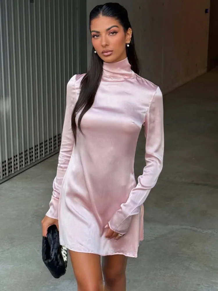 

Talenza Pink Satin Mini Dress Women Fashion Lace-Up High Neck Solid Slim Elegant Dress Luxury Commuter Vintage New Female Dress