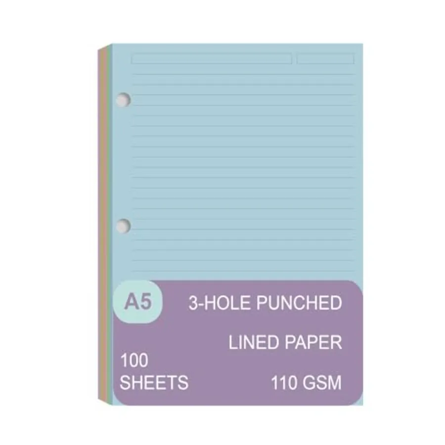 

A5 Filler Paper, 3 Hole ful Refills Lined Paper for 3 Ring Refillable Binder, 110 Gsm 5- Loose Leaf Planner Refill Paper, 100 S