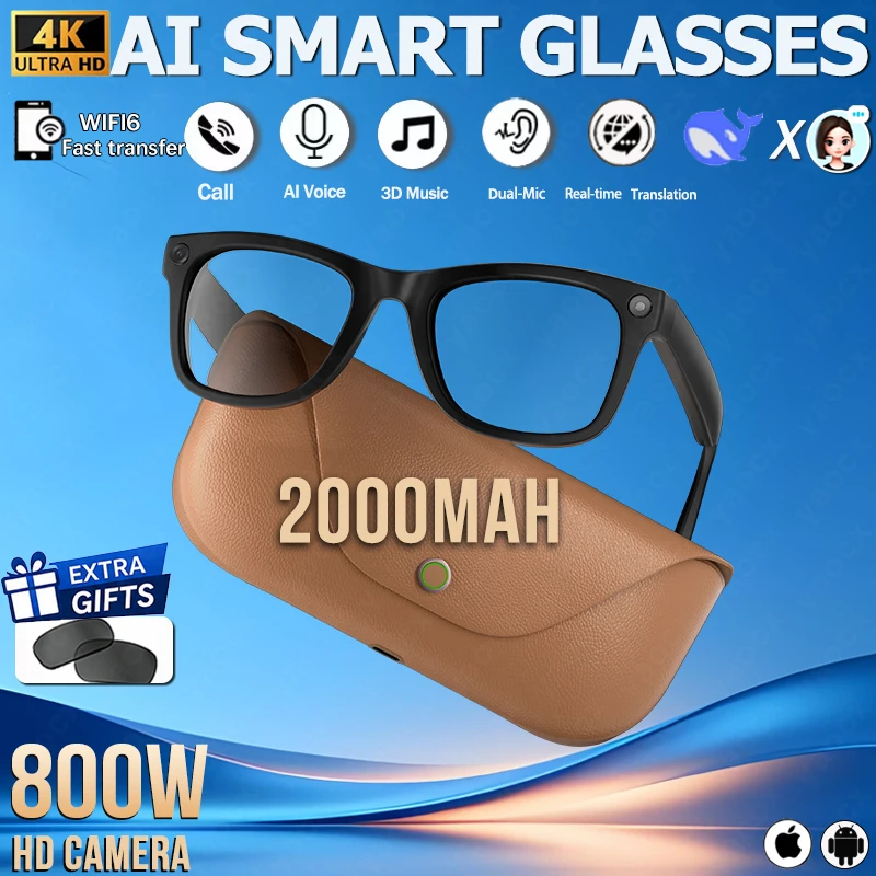 800W Camera  AI Smart Glasses With 2000 Mah Charging Case For Calls Music Take Photos Record Videos AI Real-time Translation