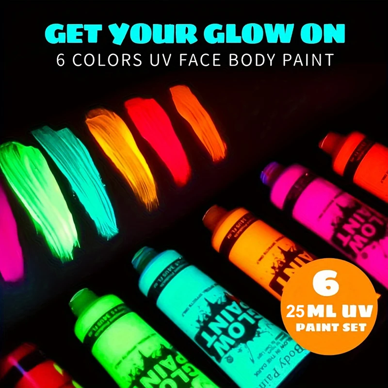 6PCS 25ml Fluorescent Paint Glow In The Dark Light Body Paint Face Painting for Party Halloween Event Makeup Club Makeup Xmas Gl