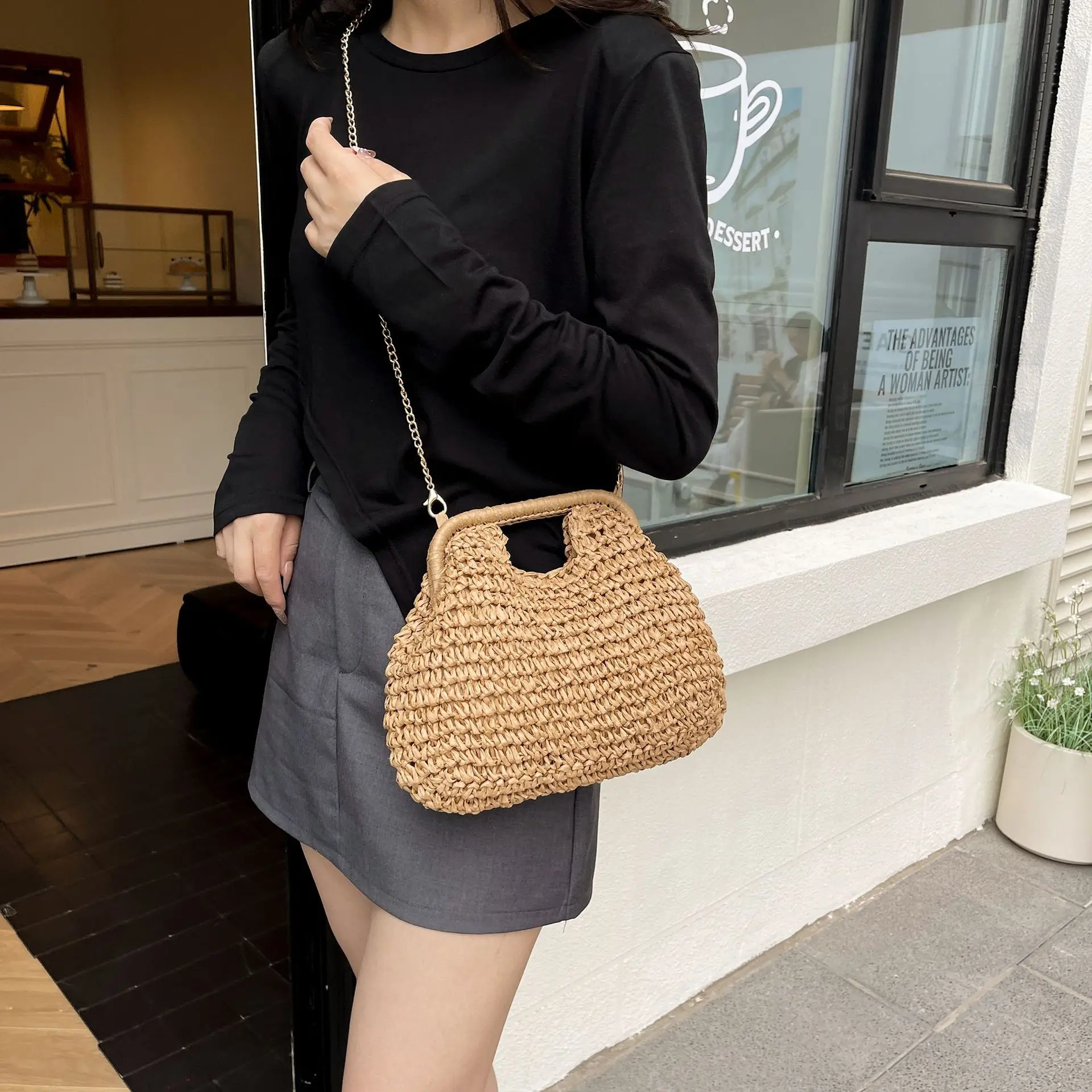 

​​2025 Womens Handwoven Straw Bag Beach Vacation Shoulder Purse Chain Strap Crossbody Boho Tote​