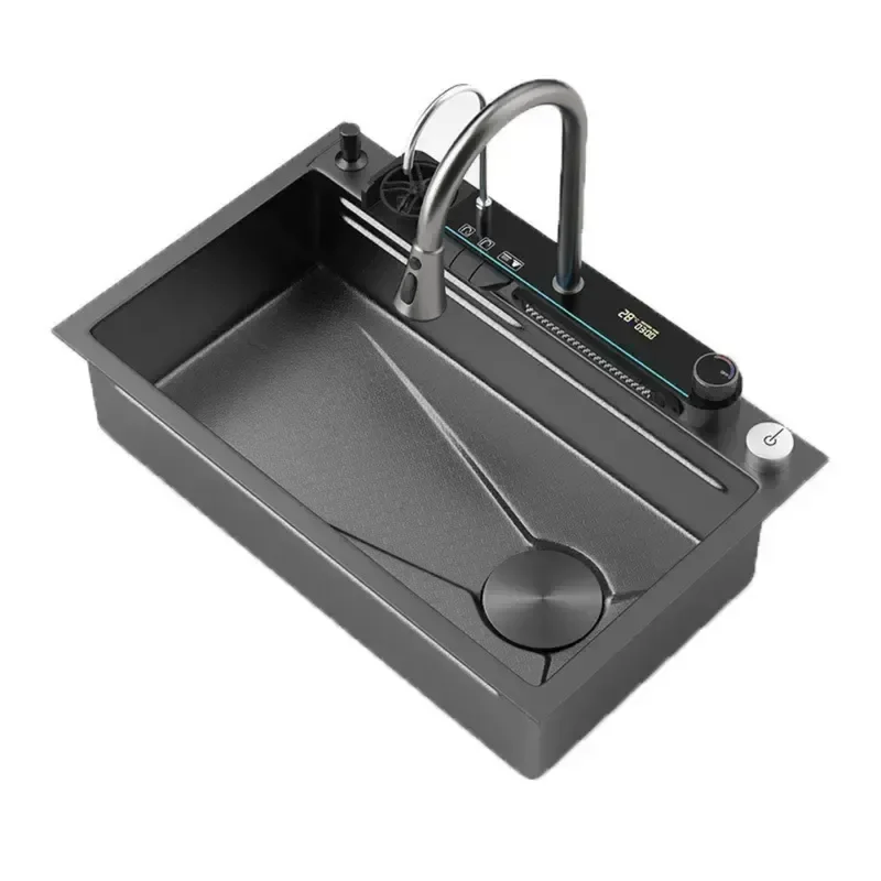 Large Single Bowl Digital Display Stainless Steel Kitchen Sink Modern Household Vegetable Washing Basin Deep Utility Sink for