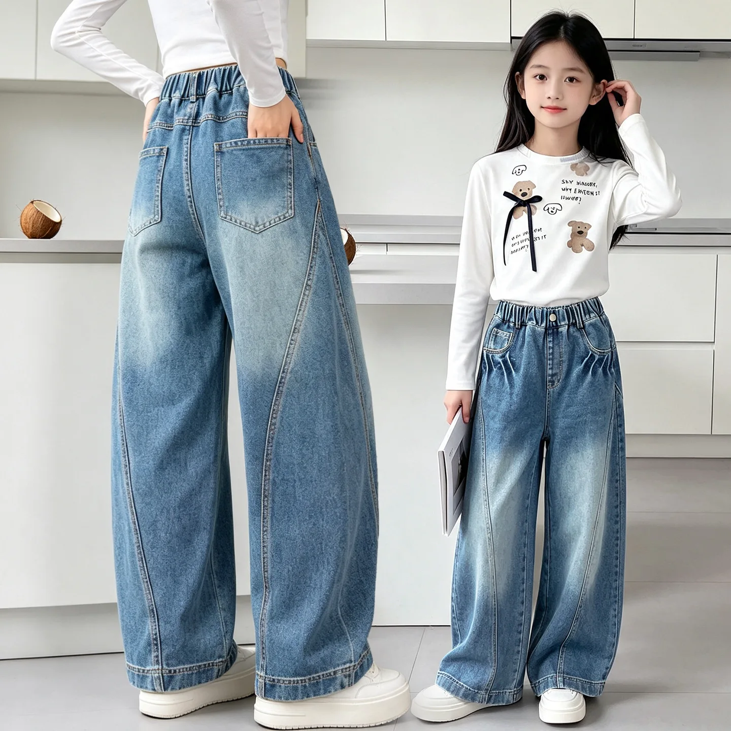 Teens Girl Blue Splicing Jeans New Autumn Fashion Wide Leg Denim Pants Kids Child Spring High Waist Jeans Trousers Age 4 To 14 Y