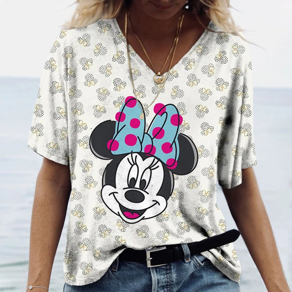 Woman Short Sleeve V Neck T Shirt Loose Summer Women\'s Clothing T-Shirts Disney Mickey Mouse Print T Shirt Oversize Pullover Top