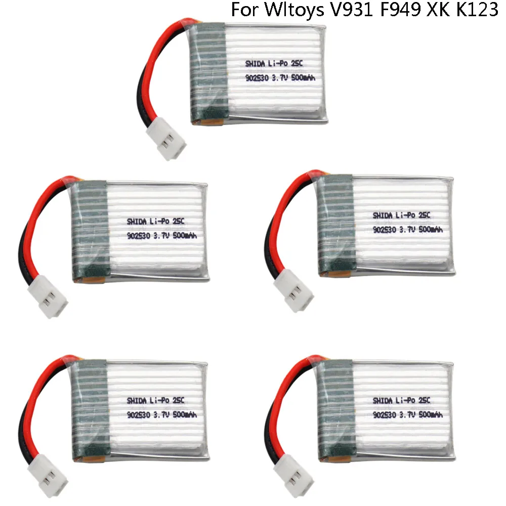 5 pezzi 3,7 V 500 mAh 902530   Batteria LiPo 25C per Wltoys V931 F949 XK K123 6Ch RC Elicottero batteria lipo di alta qualità 1S 3.7 V