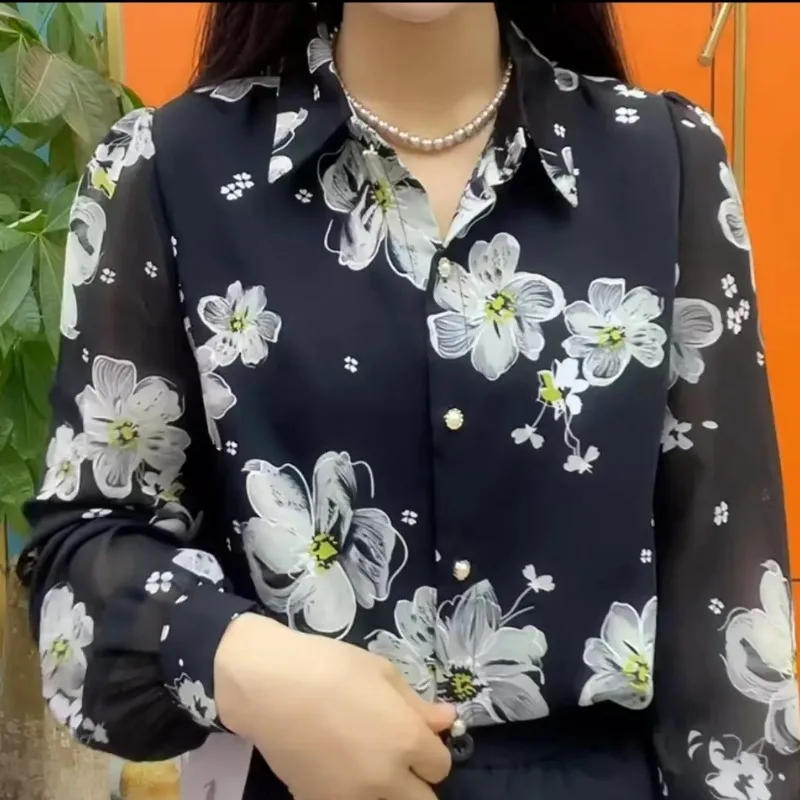 

2025 New Autumn New Thin Top Printed Women's Long Sleeve Fashion Versatile Button Elegant Shirt