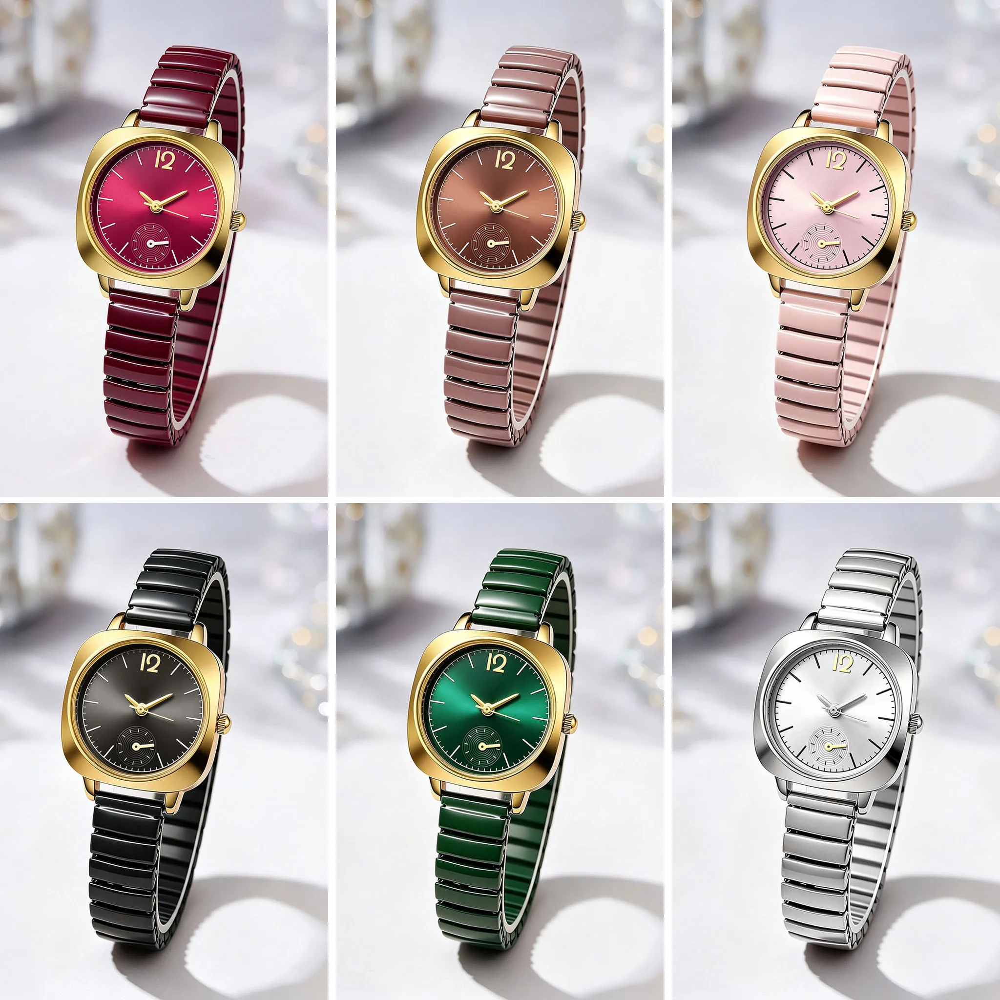 Elegant Square Women Quartz Wristwatch Gold Alloy Case Decorative Subdial Elastic Bamboo Segment Strap Ladies Watch