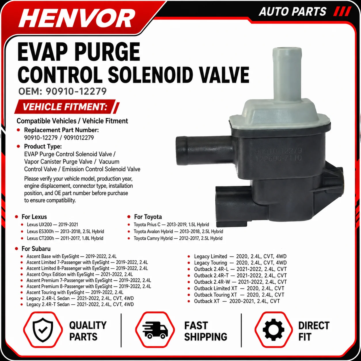 90910-12279 EVAP Purge Control Solenoid Vacuum Valve for Toyota Prius C Camry Avalon Lexus ES300h CT200h UX200 Subaru