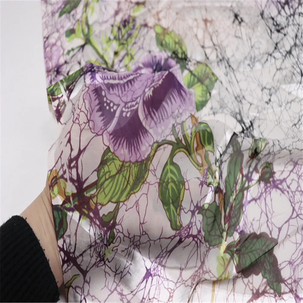 Fashion Beautiful Silk Burn Out Fabric Opal Farbic Beauty Purple Flower Metallic for Women Spring Shawl Cloth Skirt