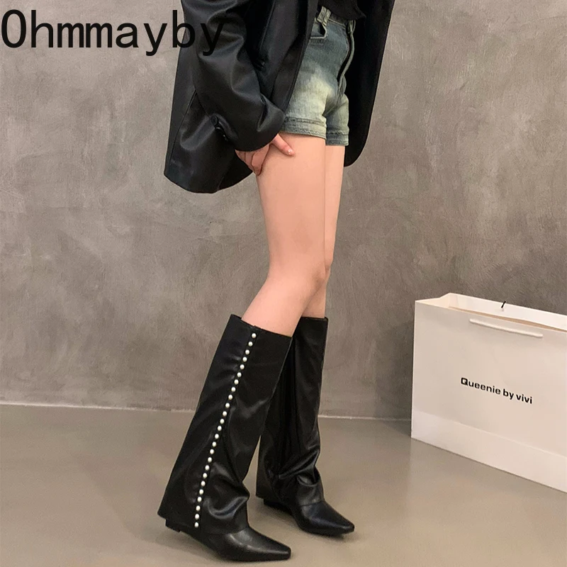 Vintage Women Knee-High Boots Fashion Elegant Pointed Toe Shoes Autumn Winter Wedges Heel Women\'s Knight Long Booties