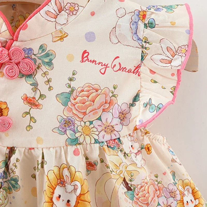 Chinese Style Summer New Girls\' Dress Small Flying Sleeve Small Rabbit Flowers Printed A-word Dress Exquisite Buttons