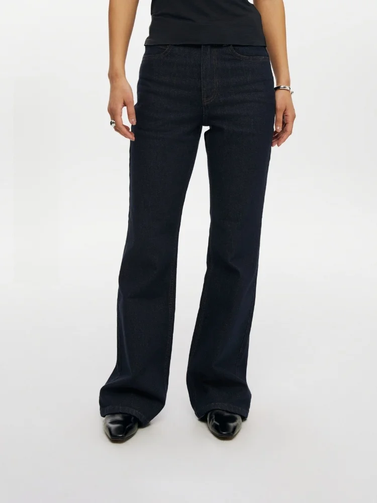 

Oneup Original Denim Bell Bottoms Loose Fit Women's Jeans Spring Season Casual Washed Natural Waist Deep Color Pear Shaped