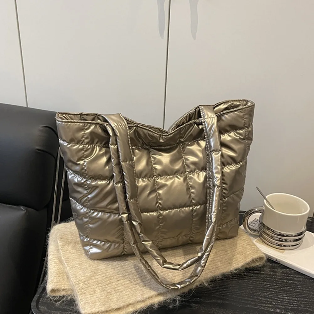 

Fashion Solid Color Shoulder Bags Large Capacity Down Cotton Padded Quilted Tote Bag Shopping Bag Women Girls