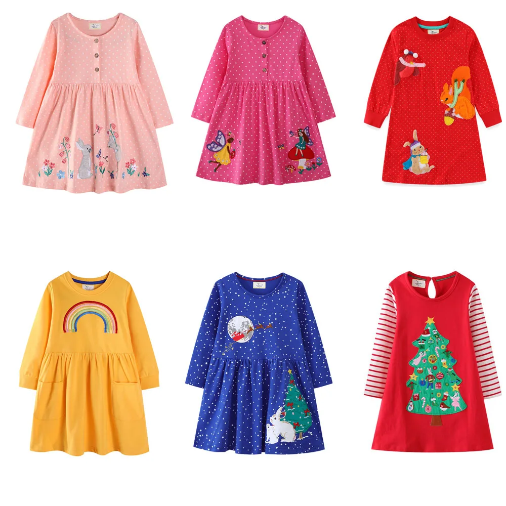 

2-7T Autumn Children's School Dresses Animals Embroidery Long Sleeve Autumn Kids Buttons Dress 2025