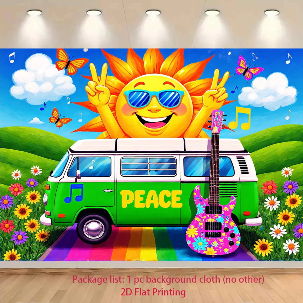 Retro Hippie Van Tapestry, Peace Sign Sun Guitar Wall Hanging for Bedroom Dorm Decor, Colorful Psychedelic Art Gift