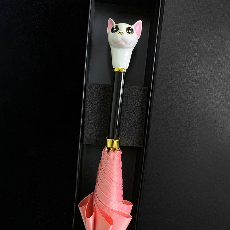 Creative Cat Head Folding Umbrella Women Cute Pink Long Handle Sunny Umbrella Girls Mini Rain Umbrellas Portable Car Umbrellas