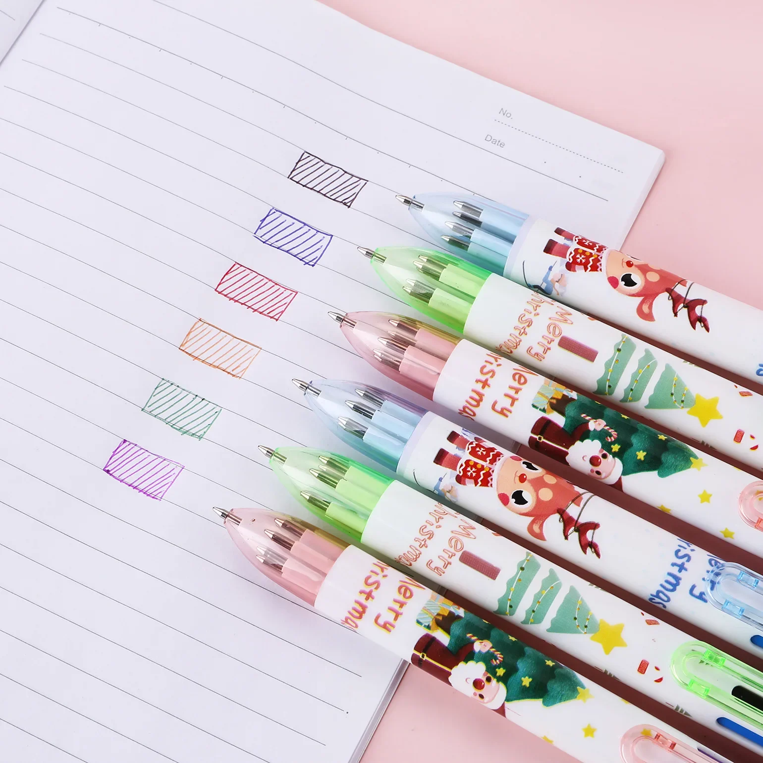 12Pcs/lot Cute Christmas 6 Color Ballpoint Pen Kawaii Cartoon Santa Elk Multicolor Maker Pens Kids School Office Supplies Gifts