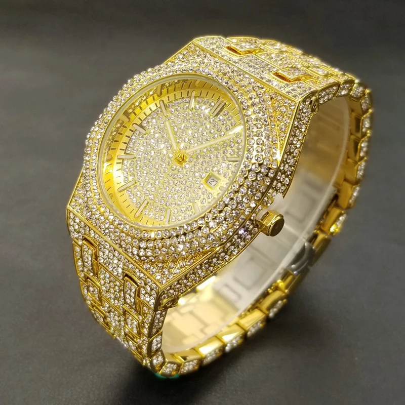 Orologio da uomo con diamanti pieni Luxury Glod Iced Out orologio da polso al quarzo moda in acciaio inossidabile novità lancette luminose orologi