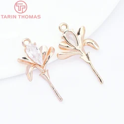 (9091) 6PCS 16.5x28.5MM 24K Gold Color Brass with Zircon Flower Shaped Pendants High Quality DIY Jewelry Making Findings