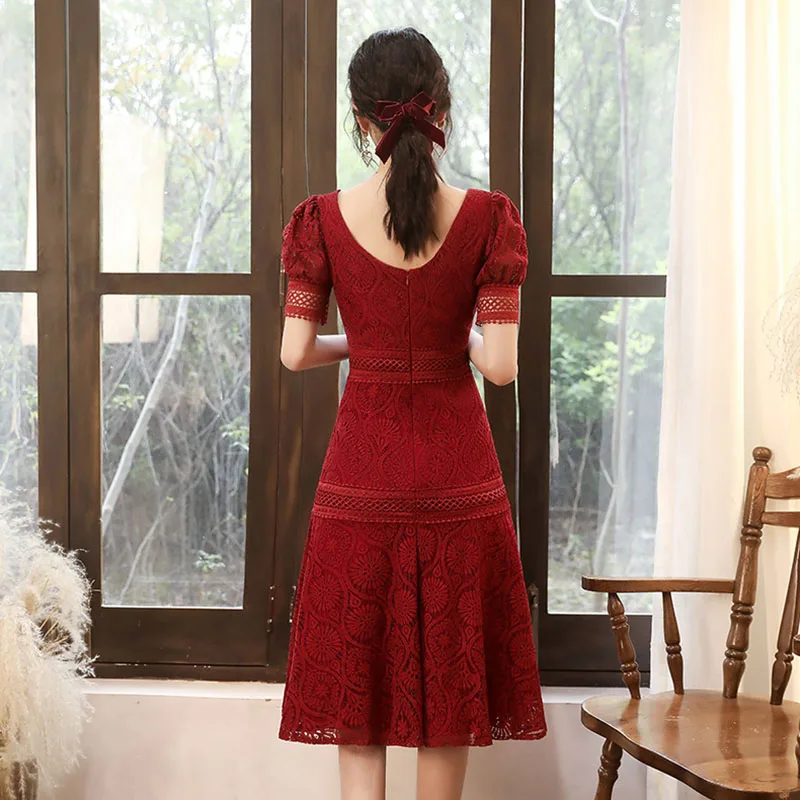 DongCMY Wine Red Usually Can Be Worn Homecoming Dresses Small Dress Daily Dress Lace Autumn Party Dresses For Special Events