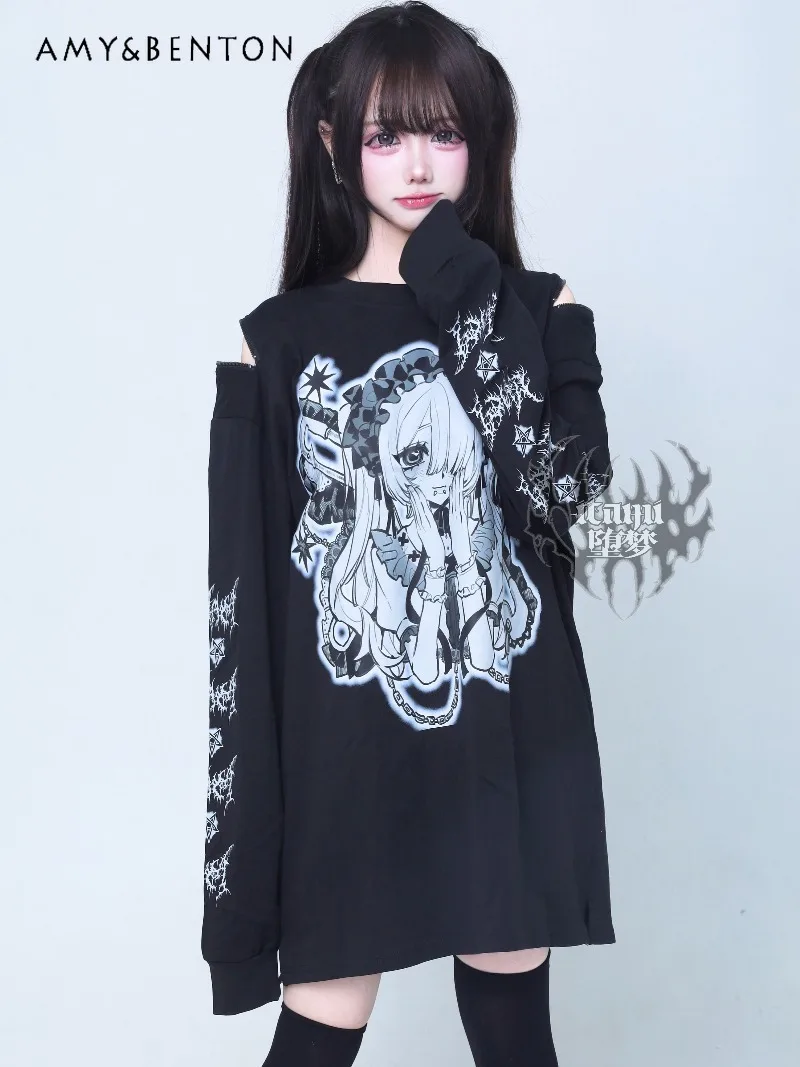 

Subculture Two-Dimensional Girl Anime Print Gothic Oversized T Shirt Harajuku Style Sweet Cool Round Neck Long Sleeve Y2K Top