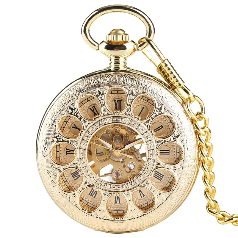 Exquisite Hollow Flowers Mechanical Pocket Watch Unisex Hand-Wind Fob Watches Roman Numerals reloj de bolsillo Pendant Chain