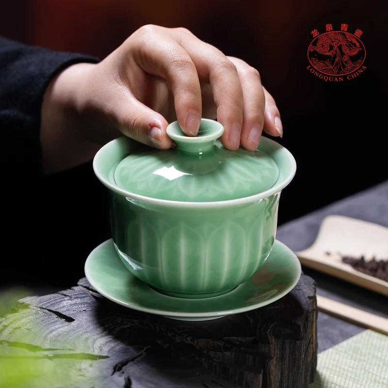 

|Longquan Celadon Gaiwan Tea Cup with Lid Single Boutique Tea Cup Tea Bowl Ceramic Tea Set Large Size Tea Cup