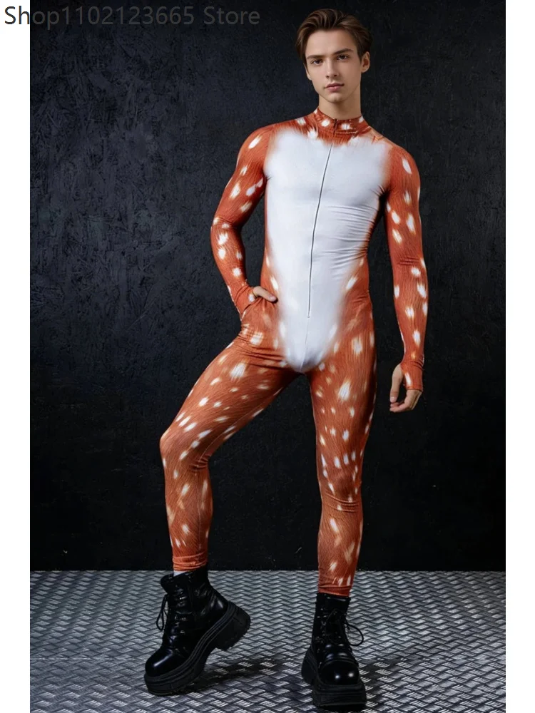 Sika Deer Christmas Costume Adult Couple Spotted Deer Moose Onesie Zentai Suit Animal Elk Dance Party Costume Stage Bodysuit view 4
