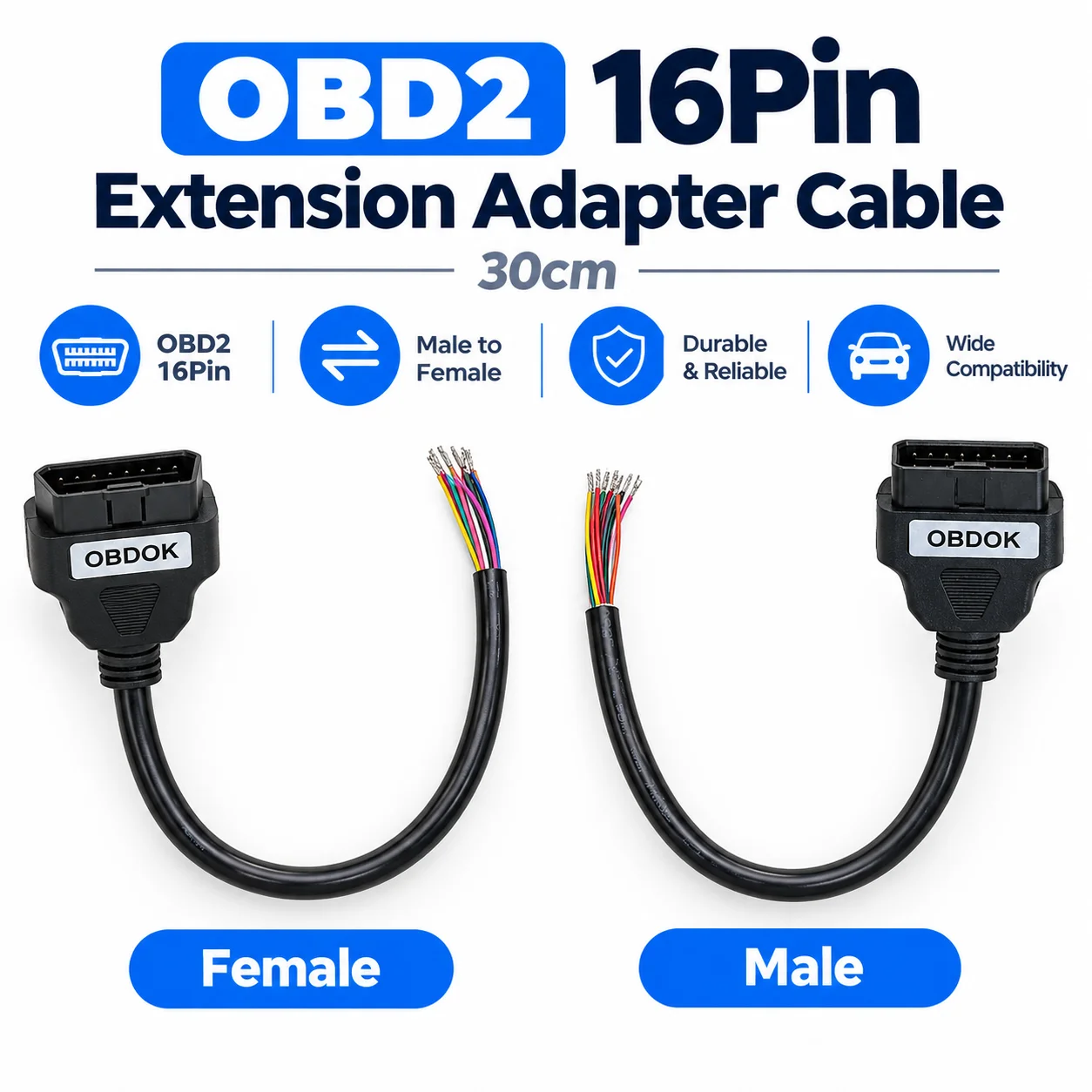 OBD2 16Pin Male Female Extension Cable 30cm OBDII Diagnostic Adapter Connector
