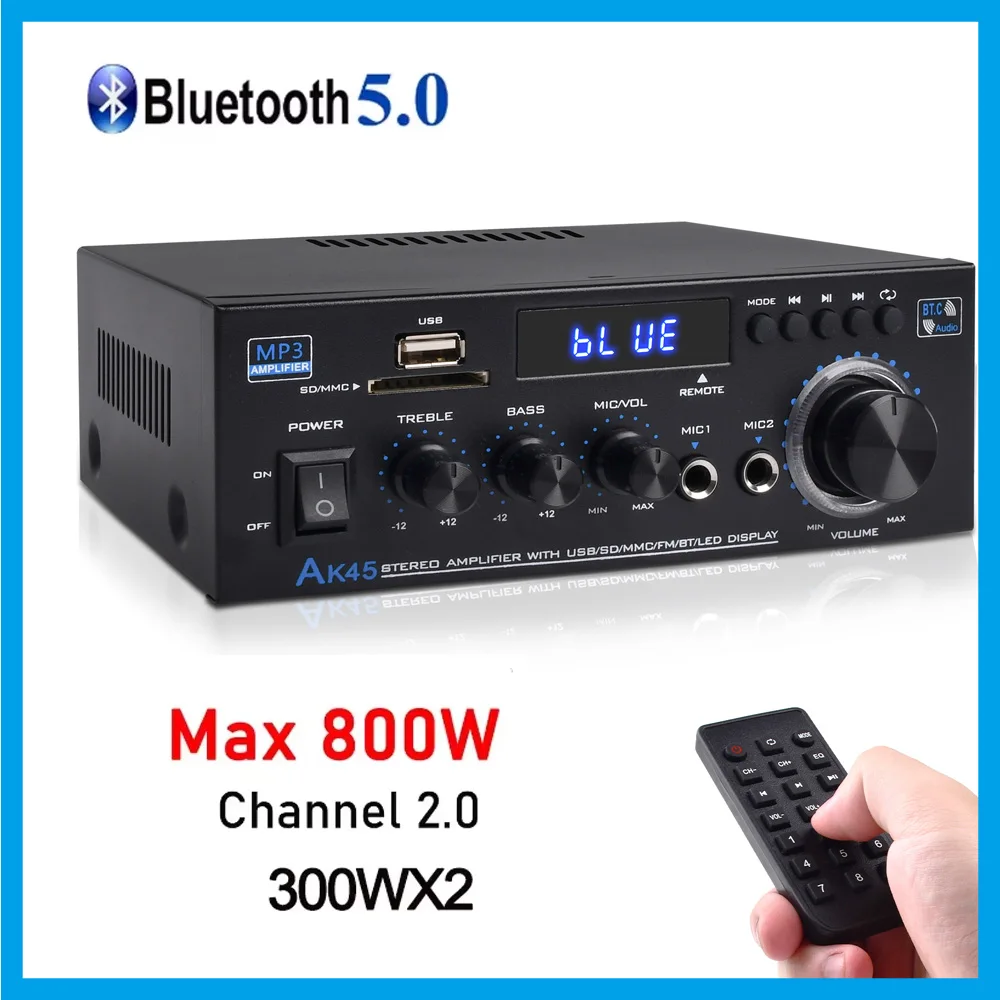 

AK45 80 Вт Домашние цифровые усилители Аудио Бас Аудио 2.0 Channe Power BT Усилитель Hi-Fi FM Музыкальный сабвуфер Динамик USB SD Микрофонный вход